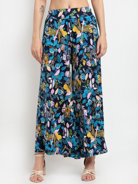 

NEUDIS Women Blue & Pink Floral Printed Flared Knitted Palazzos