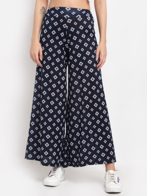 

NEUDIS Women Navy Blue & White Floral Printed Flared Knitted Palazzos