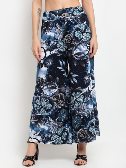 

NEUDIS Women Blue Floral Printed Flared Knitted Cropped Palazzos