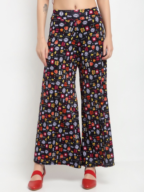 

NEUDIS Women Black & Yellow Floral Printed Flared Knitted Palazzos