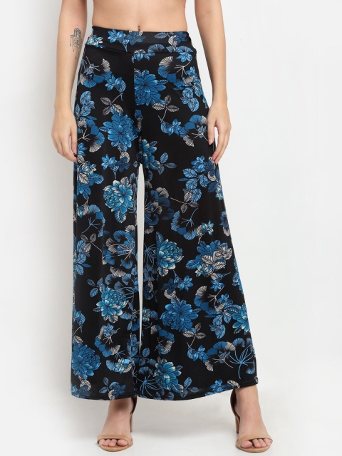 

NEUDIS Women Black & Blue Floral Printed Flared Knitted Palazzos