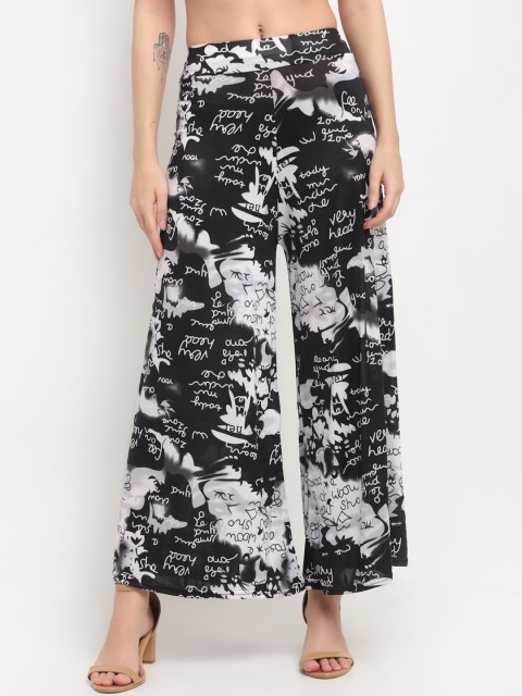 

NEUDIS Women Black & White Floral Printed Flared Knitted Palazzos