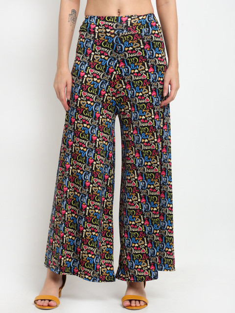 

NEUDIS Women Black & Pink Printed Flared Knitted Palazzos