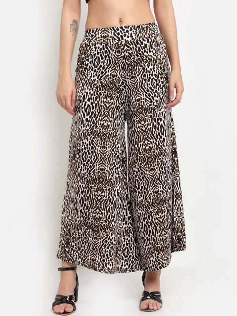 

NEUDIS Women Brown & White Animal Printed Flared Knitted Palazzos