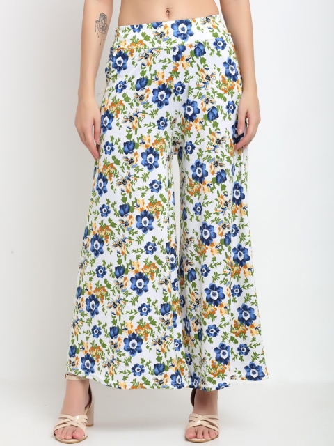 

NEUDIS Women White & Blue Floral Printed Flared Knitted Palazzos