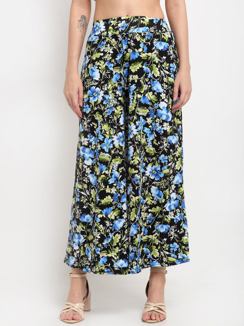 

NEUDIS Women Black & Green Floral Printed Flared Knitted Palazzos