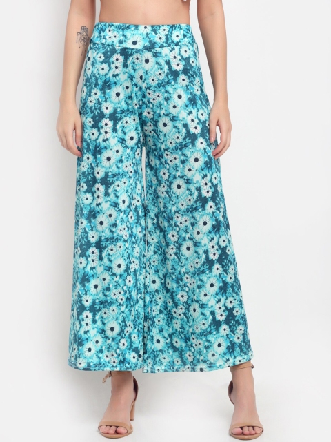 

NEUDIS Women Turquoise Blue & White Floral Printed Flared Knitted Palazzos