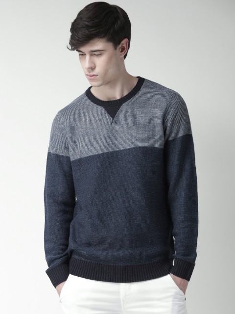 

Tokyo Laundry Men Blue & Grey Clourblocked Patterned Sweater