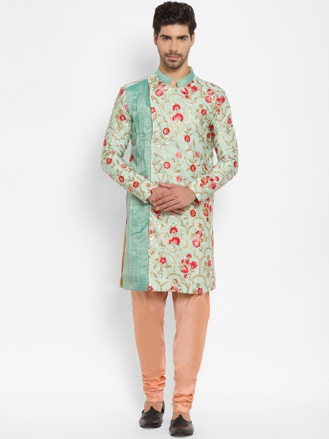 

EthnoVogue Men Green Floral Printed Regular Sequinned Kurta with Pyjamas