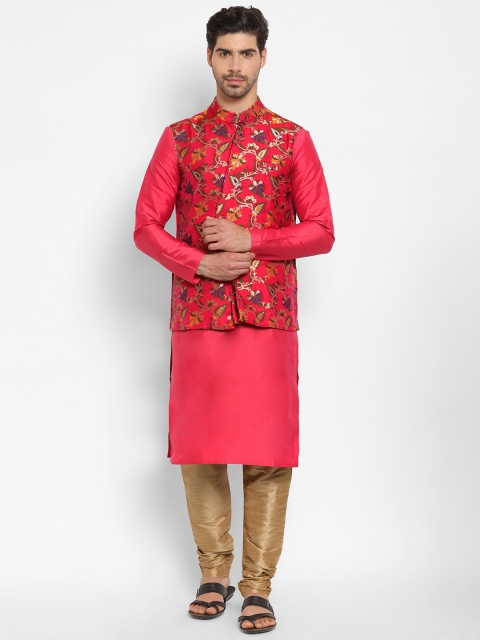 

EthnoVogue Men Coral Red 7 Brown Regular Kurta with Pyjamas & Jacquard Bandi