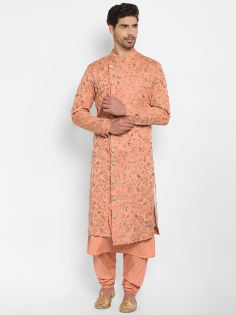 

EthnoVogue Men Peach-Coloured Floral Embroidered Angrakha Kurta with Pyjamas