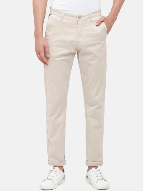 

Double Two Men Cream-Coloured Slim Fit Cotton Trousers