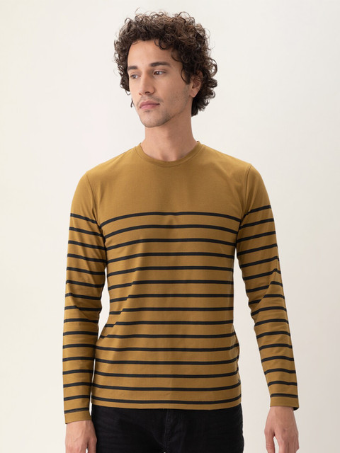

DAMENSCH Men Constant 500 Day Brown Striped Pure Cotton Regular Fit Step-Out T Shirt