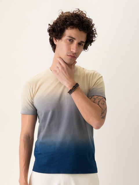 

DAMENSCH Men Statement Cream-Coloured & Blue Ombre Pure Cotton T-shirt