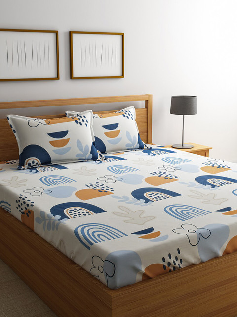

URBAN DREAM White & Navy Blue Printed 210 TC Cotton Queen Bedsheet with 2 Pillow Covers