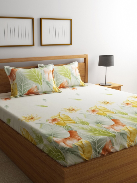 

URBAN DREAM White & Yellow Printed 210 TC Cotton King Bedsheet with 2 Pillow Covers