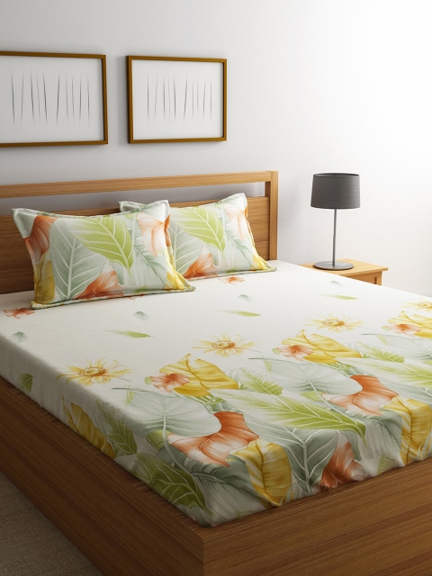 

URBAN DREAM White & Green Printed 210 TC Cotton Queen Bedsheet with 2 Pillow Covers