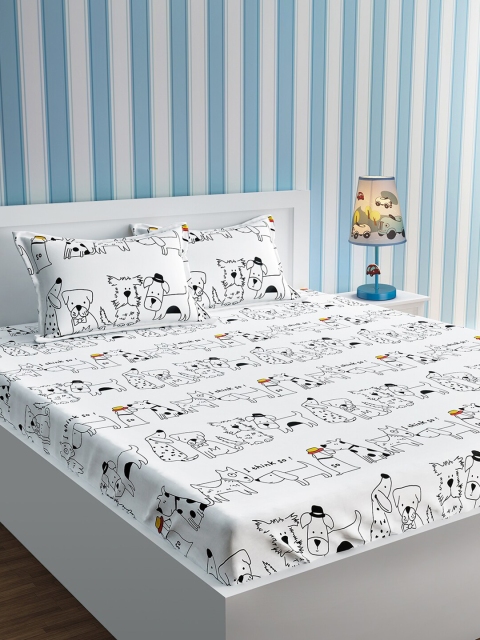 

URBAN DREAM White & Black Printed 210 TC Cotton Queen Bedsheet with 2 Pillow Covers