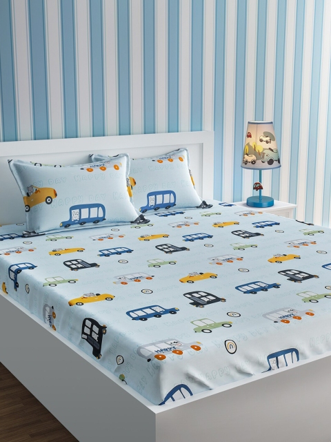 

URBAN DREAM Blue & Yellow Graphic 210 TC Cotton Queen Bedsheet with 2 Pillow Covers