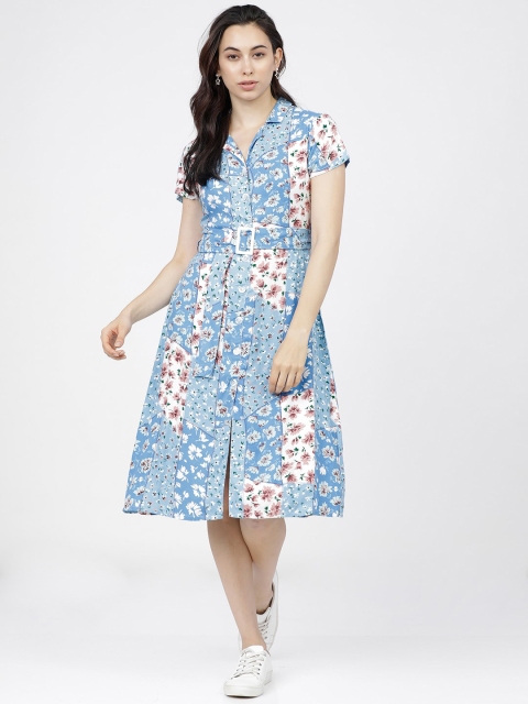 

Tokyo Talkies Blue & White Floral Printed Shirt Dress