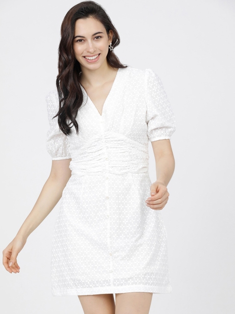 

Tokyo Talkies Off White Geometric Embroidered A-line Dress