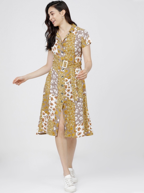 

Tokyo Talkies Mustard Yellow & White Floral Printed Shirt Dress