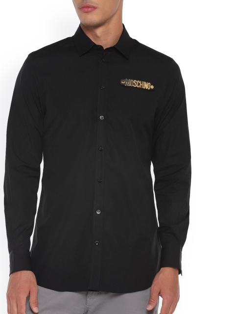 

MOSCHINO COUTURE Men Black Opaque Cotton Chest Plaque Casual Shirt