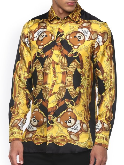 

MOSCHINO COUTURE Men Black & Yellow Opaque Teddy Printed Scarf Silk Casual Shirt