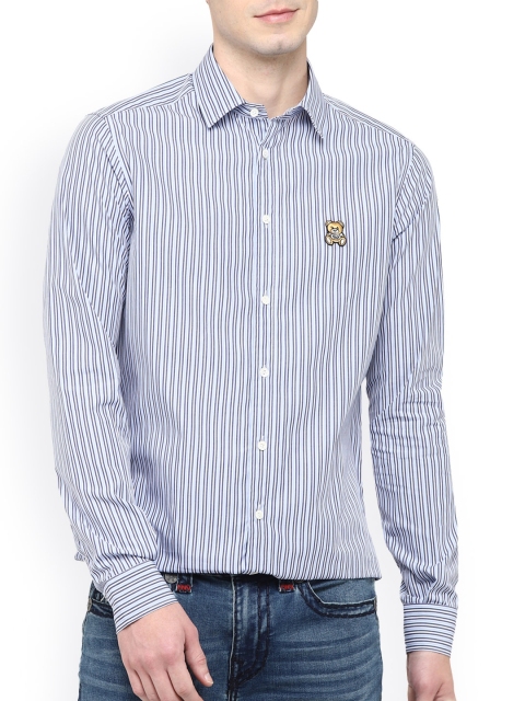 

MOSCHINO COUTURE Men Blue & Black Opaque Striped Cotton Casual Shirt