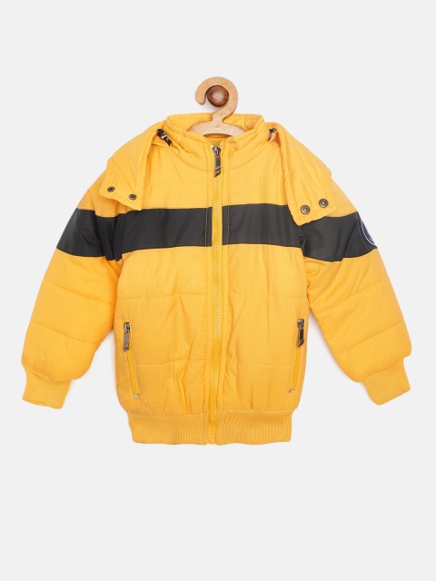 

GAME BEGINS Boys Mustard Yellow & Black Colourblocked Bomber Jacket with Detachable Hood