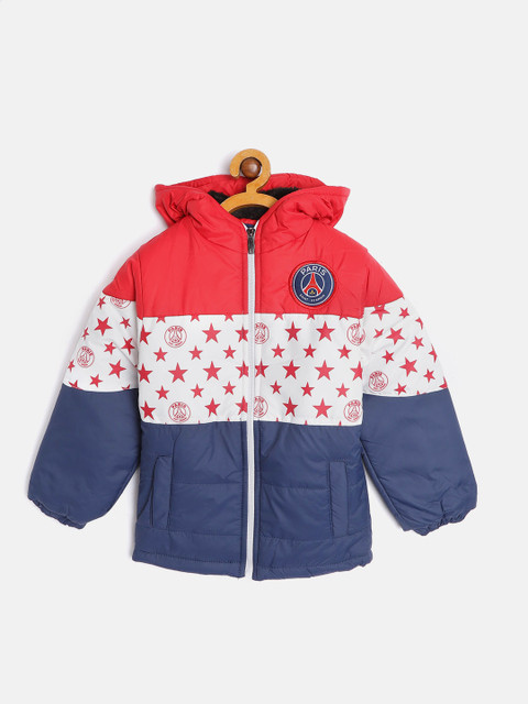 

GAME BEGINS Boys Blue & Red Colourblocked Hooded Padded Jacket with Star Print Detail