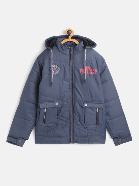 

GAME BEGINS Boys Navy Blue Solid Detachable Hooded Padded Jacket with Typography Print