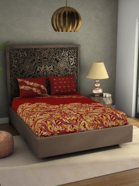 

SPACES Rangana Debjani Red & Yellow Floral 300 TC Pure Cotton King Bedsheet with 2 Pillow Covers
