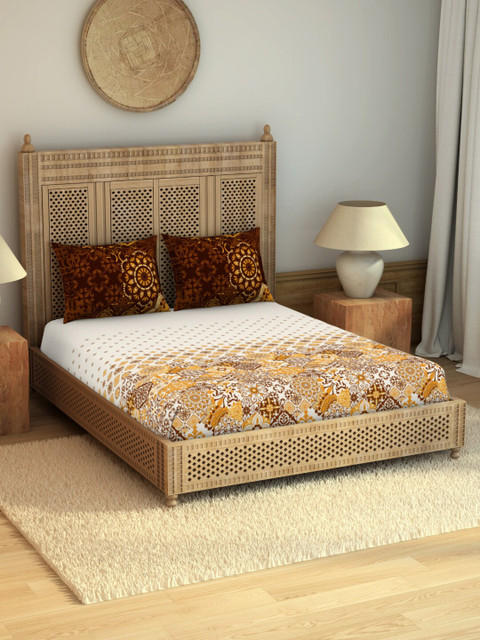 

SPACES Rangana Anish Beige & Brown Ethnic Motifs 210 TC Pure Cotton King Bedsheet with 2 Pillow Covers