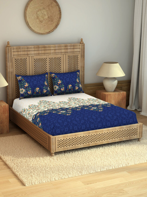 

SPACES Rangana Anish Blue & White Floral 210 TC Pure Cotton King Bedsheet with 2 Pillow Covers