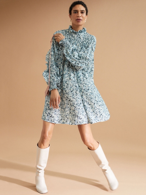

H&M Women Blue & White Printed Mandarin Collar A-line Dress