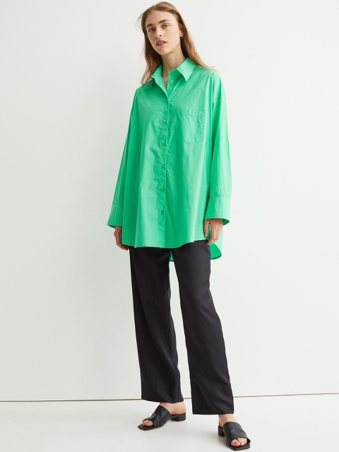 

H&M Women Green Solid Relaxed Fit Oversized Pure Cotton Shirt