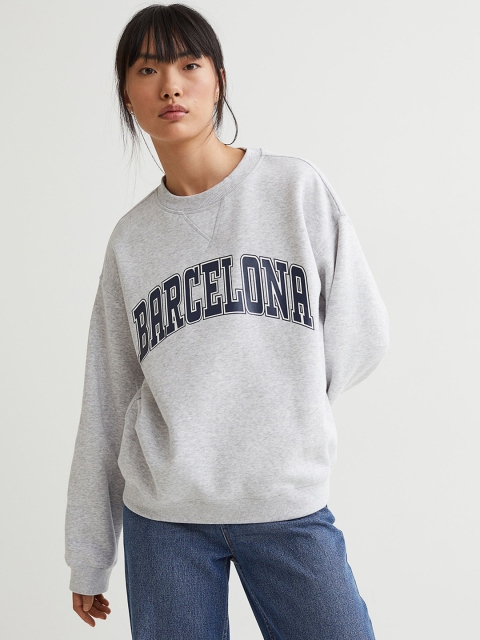 

H&M Women Grey Melange & Blue Printed Round Neck Sweatshirt