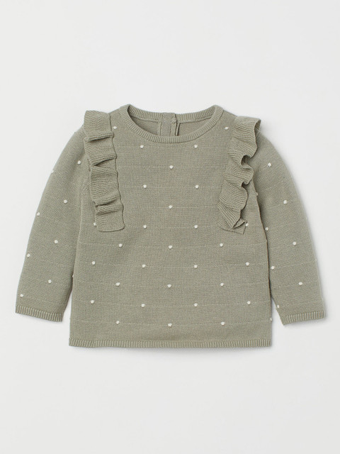 

H&M Kids Girls Green & White Flounced Pure Cotton Fine-knit Jumper