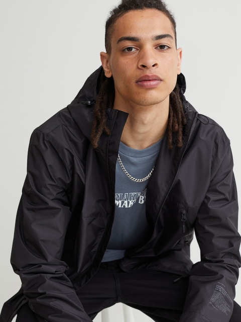 

H&M Men Black Solid Hooded Water-repellent Windbreaker