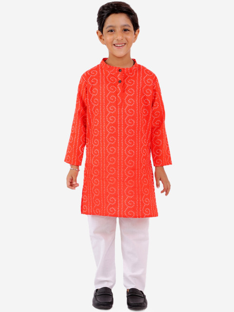 

YK Boys Orange Bandhani Printed Regular Pure Cotton Kurta with Pyjamas