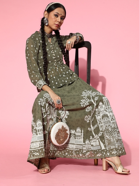 

Juniper Olive Green & White Printed Beads and Stones Foil Print Ready to Wear Lehenga &