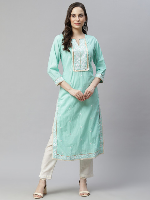 

Readiprint Fashions Women Green Embroidered Straight Thread Work Kurta