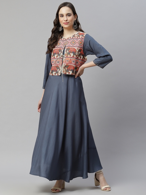 

Readiprint Fashions Women Grey & Cream-Coloured Embroidered Thread Work Kurta