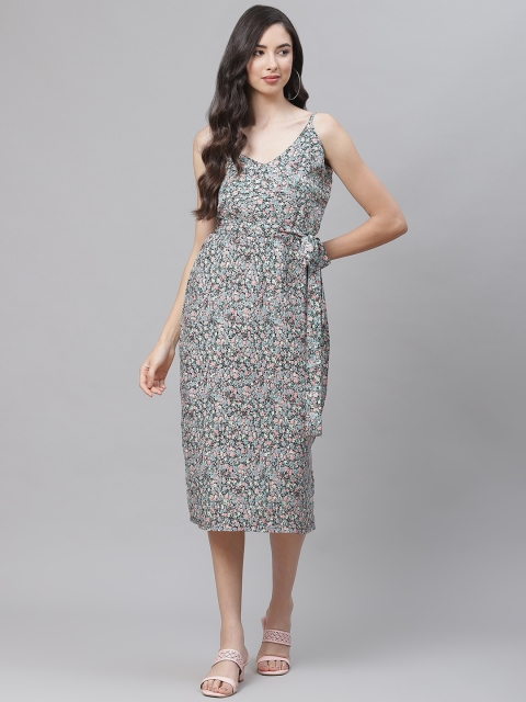 

SIRIKIT Black & Multicoloured Floral Crepe A-Line Midi Dress