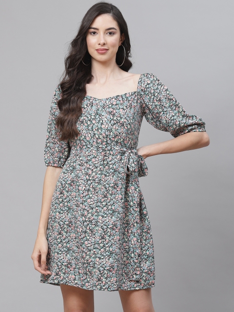 

SIRIKIT Black & Multicoloured Floral Crepe A-Line Dress