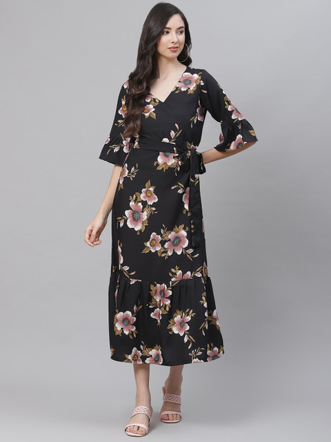 

SIRIKIT Black Floral Crepe Shirt Midi Dress