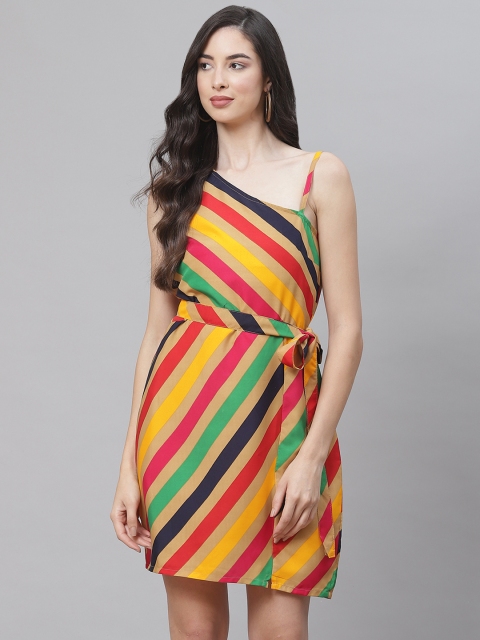 

SIRIKIT Camel Brown & Yellow Striped Crepe Dress