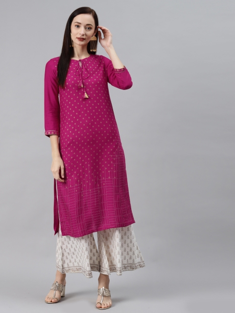 

Rangriti Women Pink Floral Printed Keyhole Neck Floral Kurta