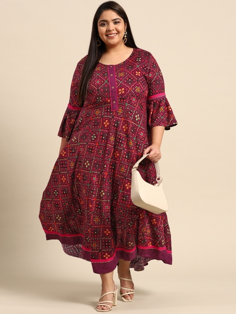 

RANGMAYEE Magenta & Purple Ethnic Motifs Liva Ethnic A-Line Midi Dress